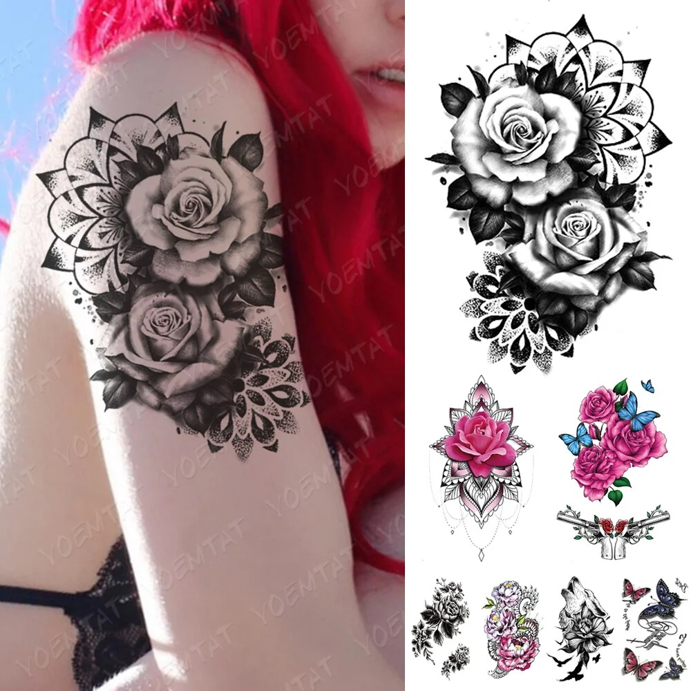 Waterproof Temporary Tattoo Sticker Rose Wolf Flower Flash Tattoos Bird Pink Mandala Henna Body Art Arm Fake Tatoo Women Men