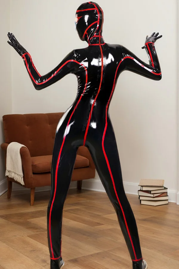 Man Latex Catsuits Full Body Three-Way Zipper Contrast Stripe