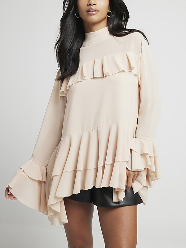 Artistic Long Sleeve High Neck Chiffon Frill Blouse