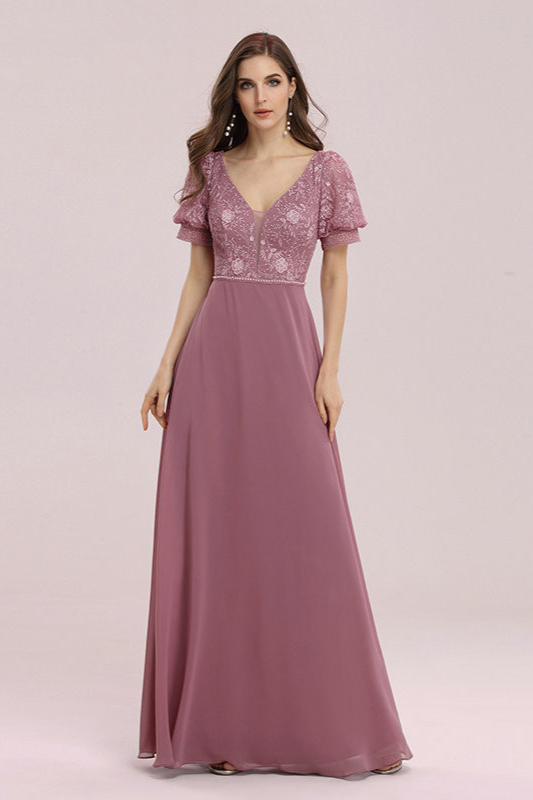 Simple V-Neck Lantern Sleeve Embroidery Prom Dress Long - lulusllly
