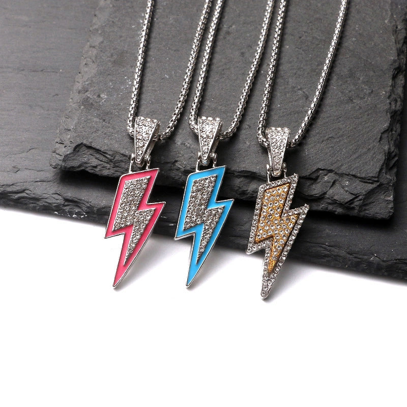 IG Style Hip-Hop Lightning Alloy Titanium Steel Inlay Rhinestones Unisex Pendant Necklace Men Pendant Necklaces