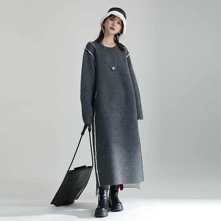 Simple Solid Color Round Neck Knit Sweater Dress - yankia