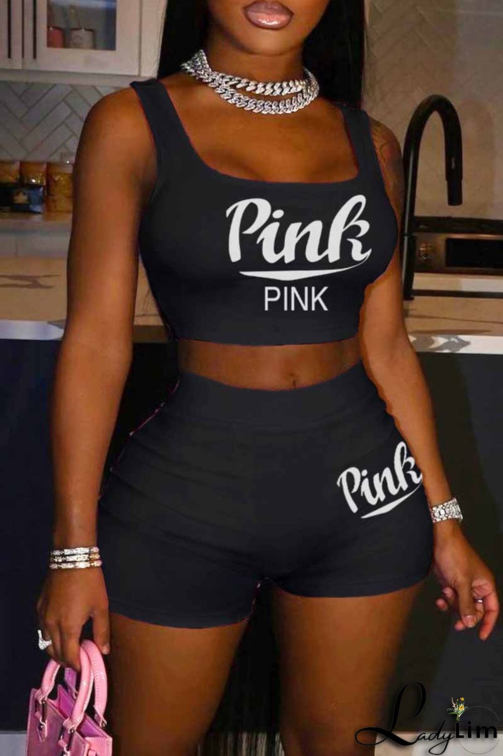 Royal Blue Sexy Casual Letter Print Basic U Neck Sleeveless Two Pieces