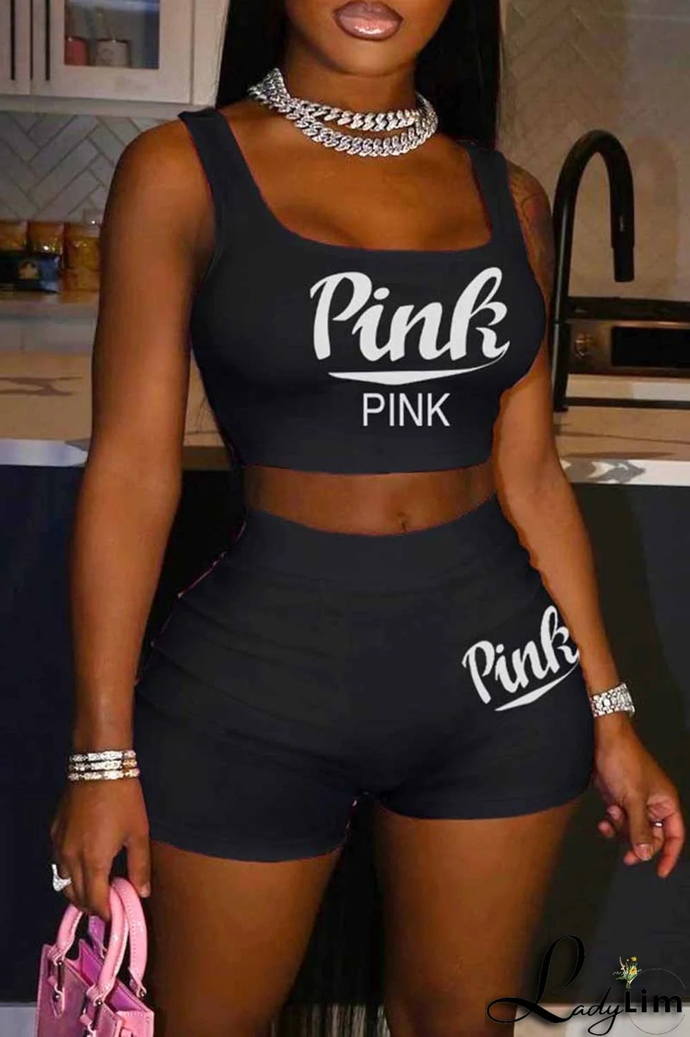 Royal Blue Sexy Casual Letter Print Basic U Neck Sleeveless Two Pieces