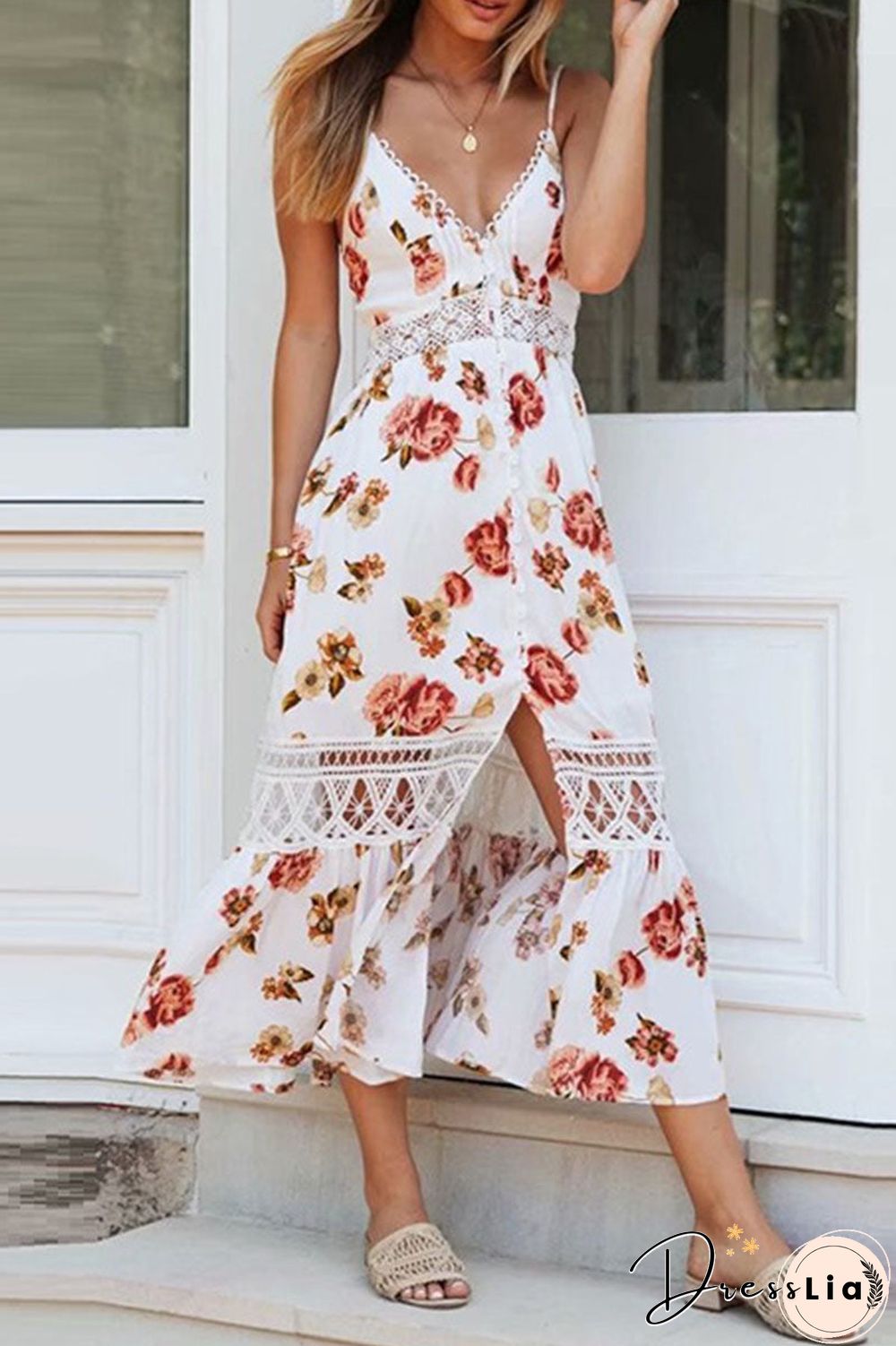 Fashion Street Print Split Joint V Neck A Line Dresses