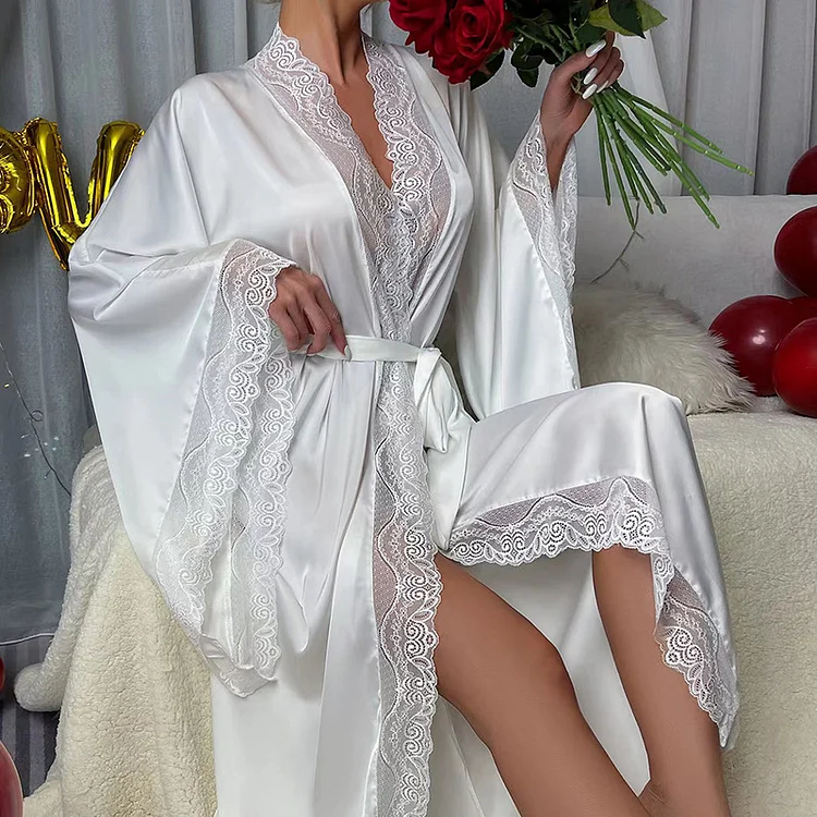 Satin Long-sleeved Patchwork Lace Strap Bathrobe