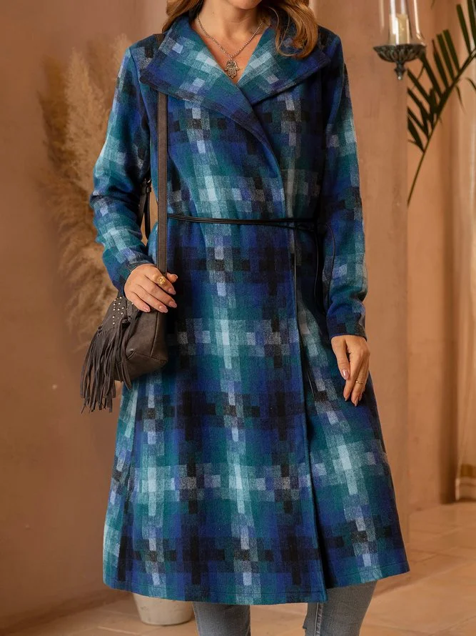 Color-Block Plaid Long Sleeve Casual Coat Outerwear