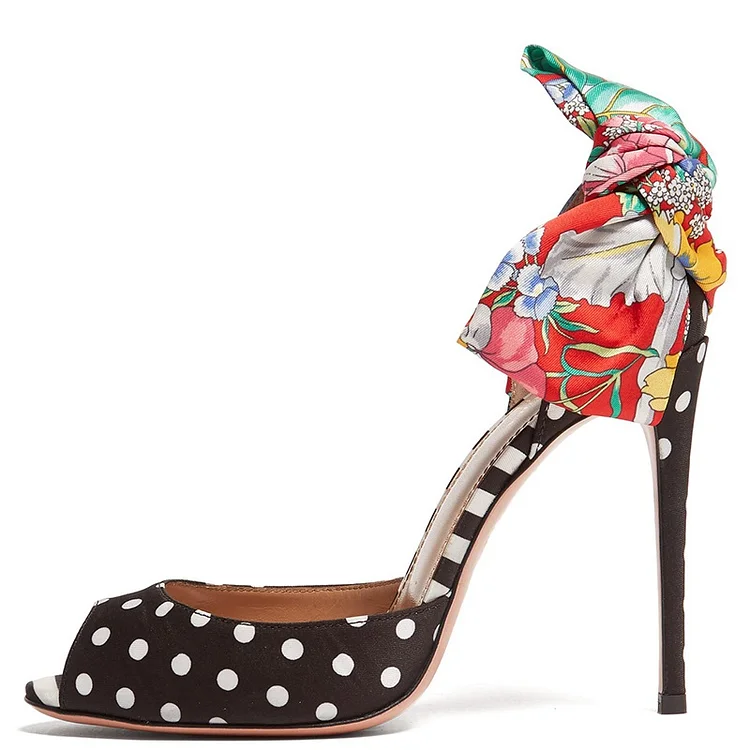 Black Satin Polka Dots Floral Bow Peep Toe Heels Pumps |FSJ Shoes