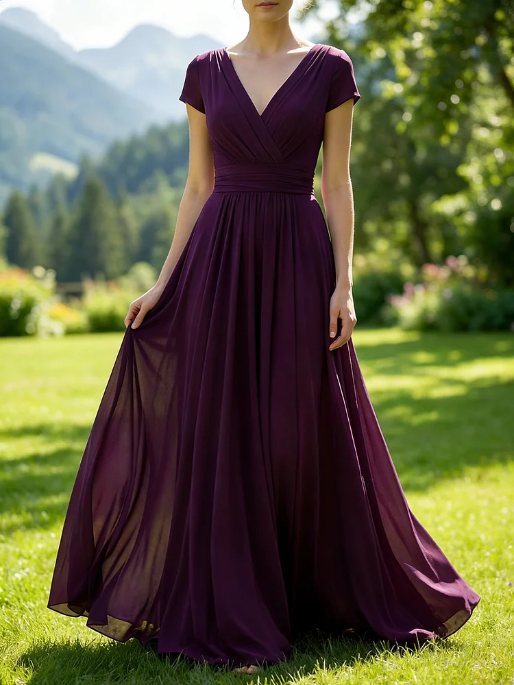 Unique Mulberry V Neck Chiffon Long Dresses Summer