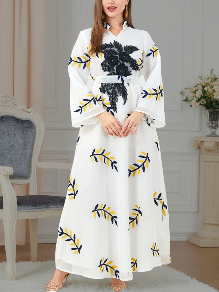 Plant Embroidery Stand Collar Belt Long Sleeve Lady Abaya | Oxredo Shop Ramadan Sale
