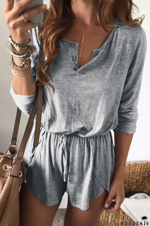 Button Long Sleeve Romper
