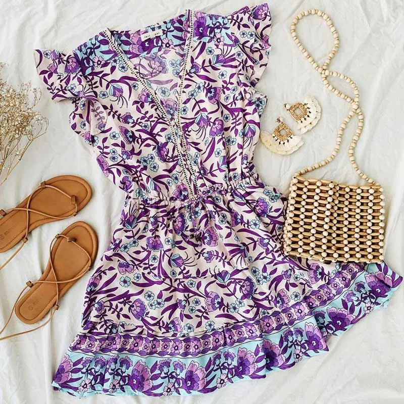 Nncharge INSPIRED purple multi print ruffle dress V-neck mini party dress layered cascading ruffle boho dress 2024 new summer dress