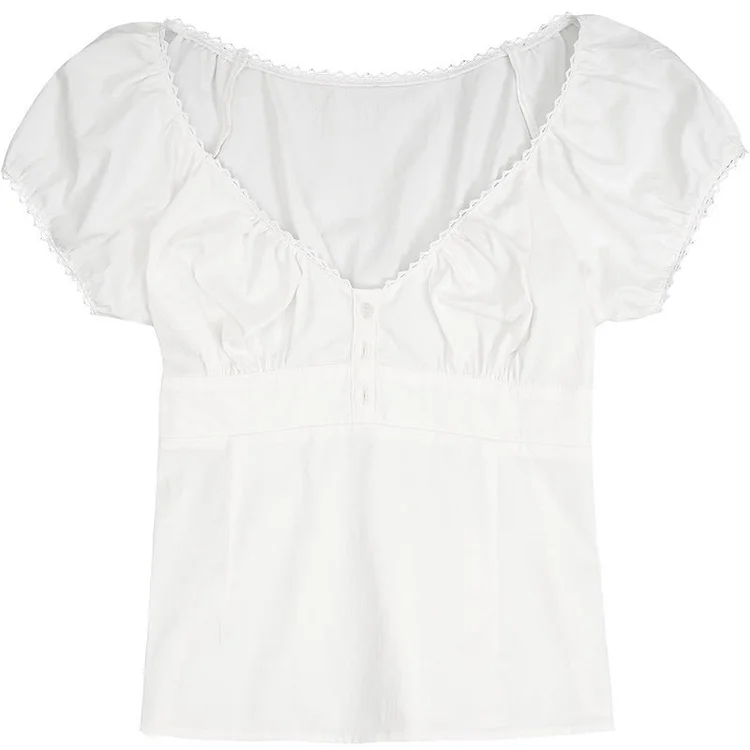 V-neck Ruffled T-Shirt Lace Trim Layered Skirt - Modakawa modakawa