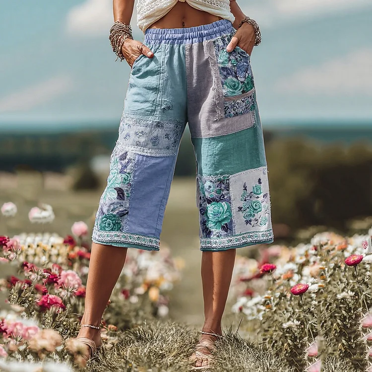 Women's Patchwork Rose Floral Contrast Waist Elastic Pocket Shorts