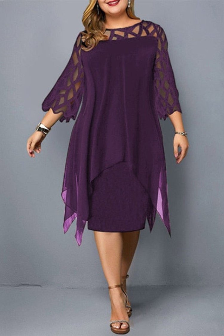 Flycurvy Plus Size Asymmetric Hem Mesh Stitching Midi Dress