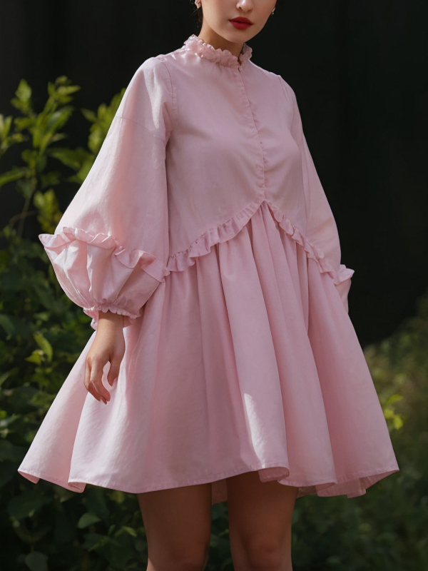 Ruffle Trim Lantern Sleeve Mini Smock Dress