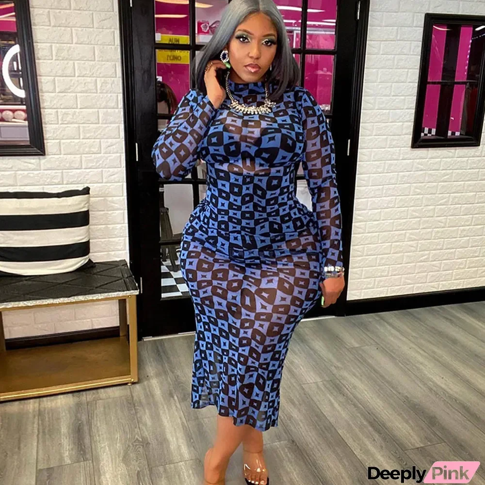 Women's Sexy Mesh Print Stand Collar Sheer Bodycon Maxi Dress