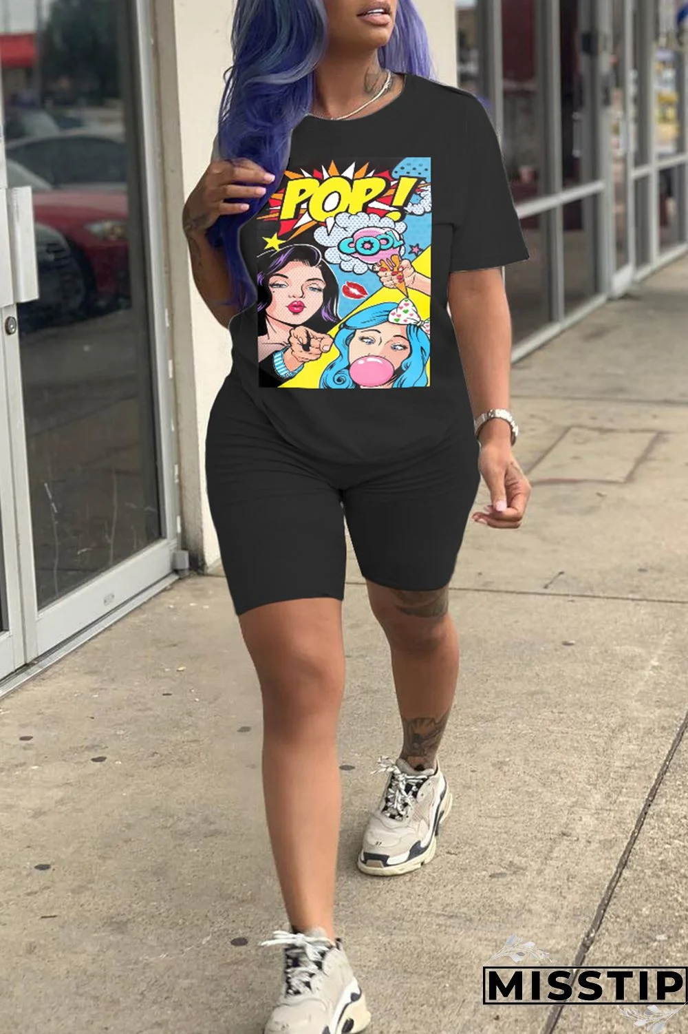 Fluorescent Green Fashion Casual Print Basic O Neck Short Sleeve Two Pieces