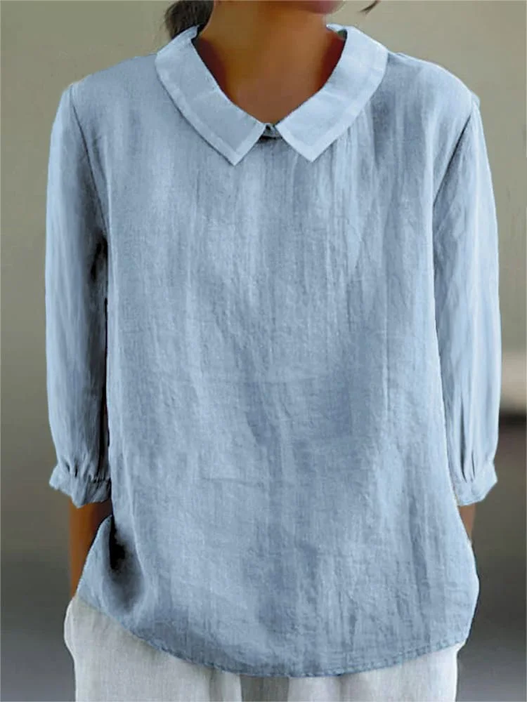 Women's Solid Color Casual Cotton And Linen 3/4 Sleeve Shirt