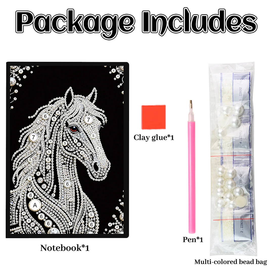 Horses Partial Pearl DIY 50 Pages A5 Diamond Painting Notebook Special Shaped Diamond Art Diary Book Kits Wireless Strip 5D Crystal Art Paintings Sketchbook for Art Drawing