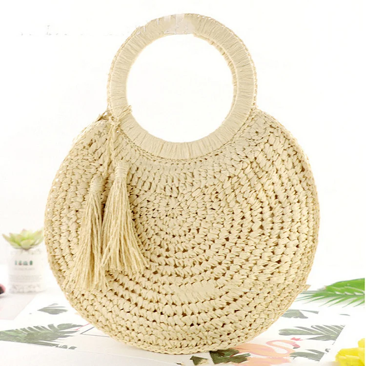 Casual Beige Fringed Round-Shaped Weaving Handbags
