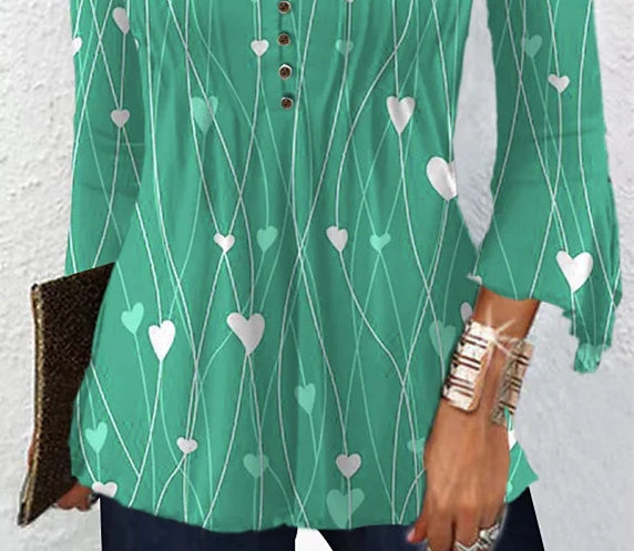 Women Long Sleeve V-neck Heart Printed Stitching Tops
