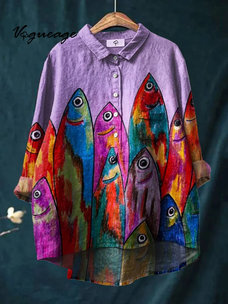 Fashion Colorful Hand Painted Fish Print Cotton And Linen Shirt