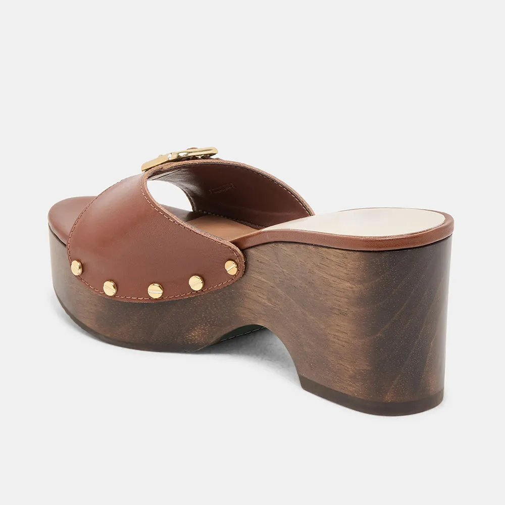 Brown Vegan Leather Open-Toe Buckle Decor Platform Mules with Studs