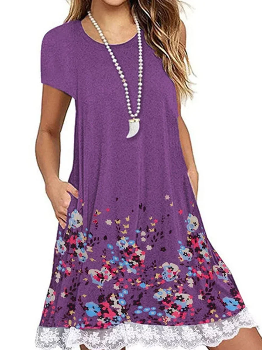 Lace Panel Round Neck Short Sleeve Print Dress