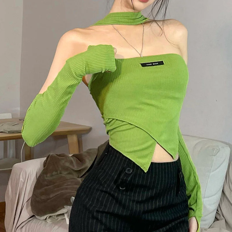 tlbang Women Solid Sexy Ladies Summer Comfort Breathable All-match Retro Asymmetrical Crop Fashion Ulzzang Mujer Cozy Hot Sale