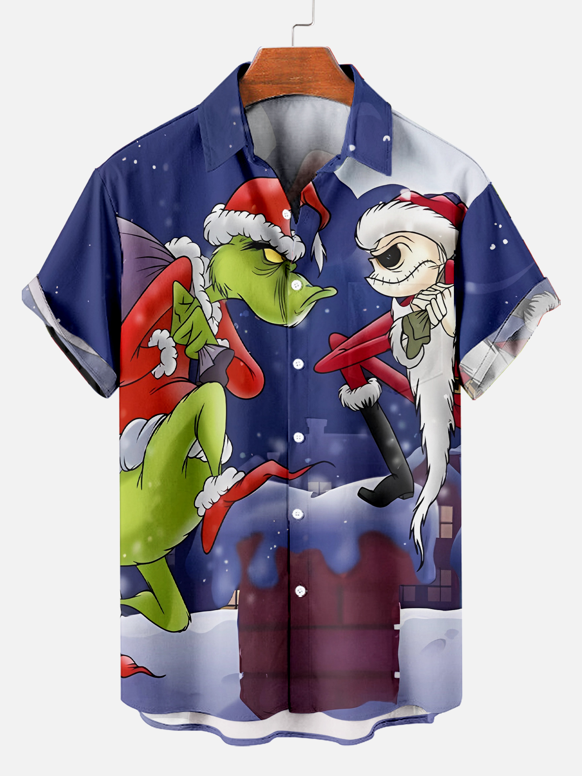 Men's Classic Christmas Funny Elf Skull Print Short Sleeve Shirt PLUSCLOTHESMAN