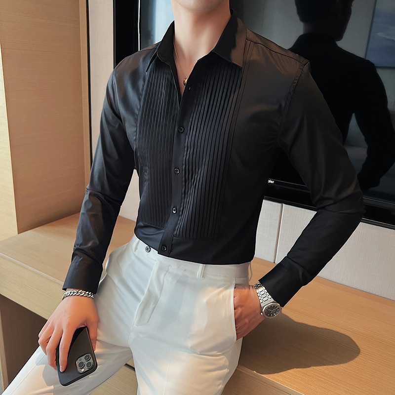 Gamechancemagic High Quality Black/White Long Sleeve Shirt Men's Pleated Fold Tuxedo Shirt Formal Business Slim Fit Groom Wedding Dress Blouses