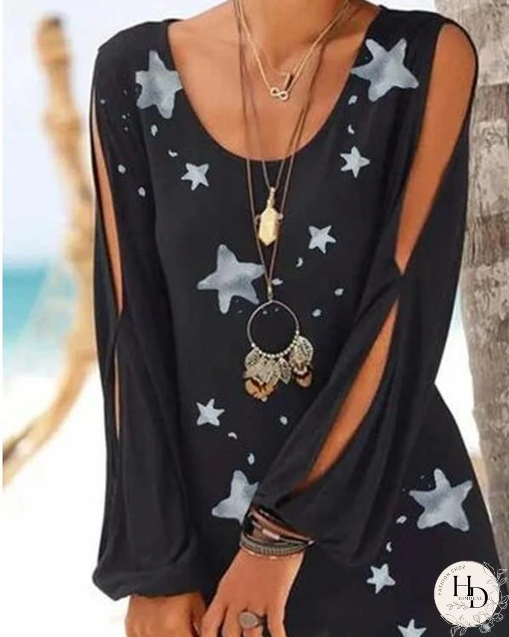 Black Cotton Printed Star Casual Cutout Patchwork Dresses