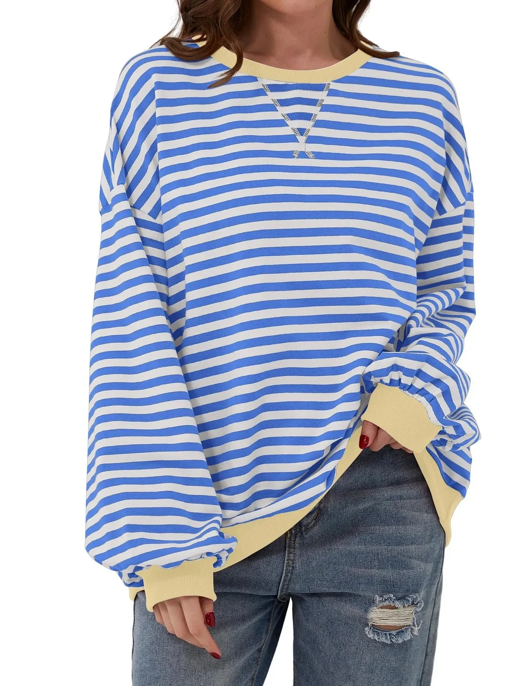 Women's Casual Stripe Colorblock Pattern Round Neck Long Sleeve Pullover T-Shirt 