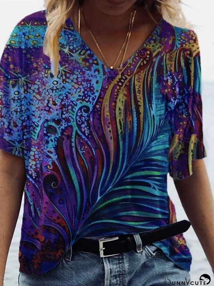 Casual Print V-neck Short Sleeve T-shirt for Women