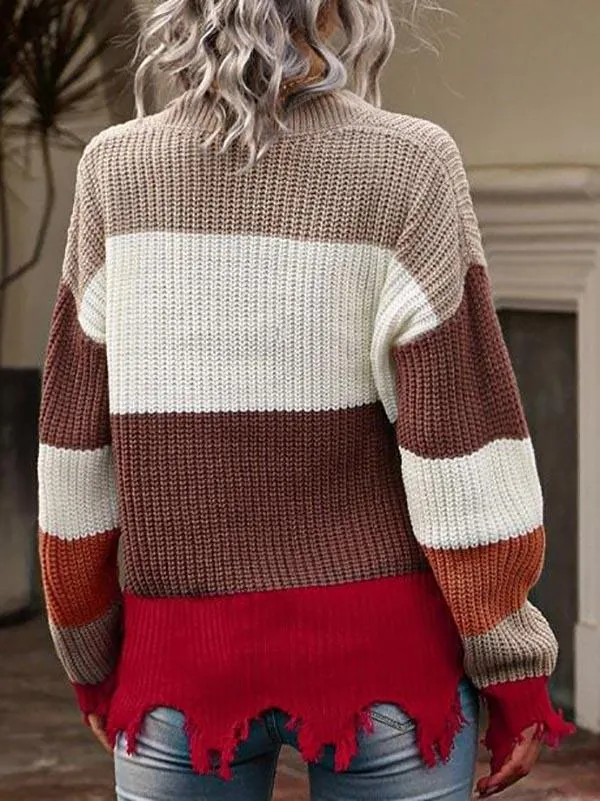 Drop Shoulder Colorblock Frayed Sweater