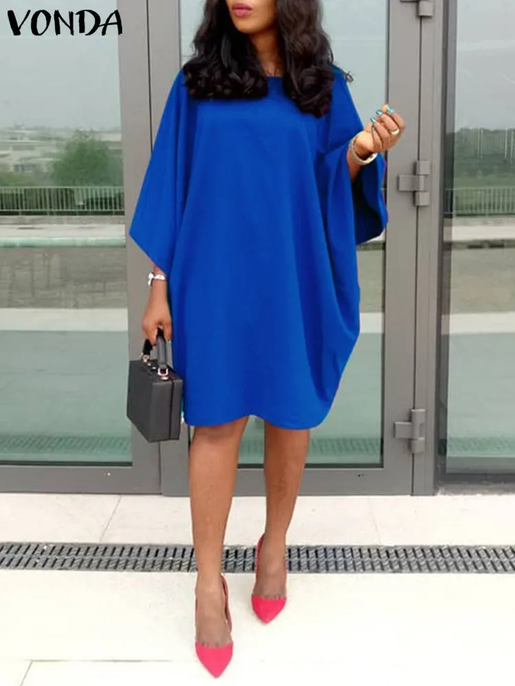 VONDA 2022 Summer Dress Women Bohemian 3/4 Sleeve Holiday Party A-line Dress Casual Crew Neck Midi Vestidos Oversized Robe Femme