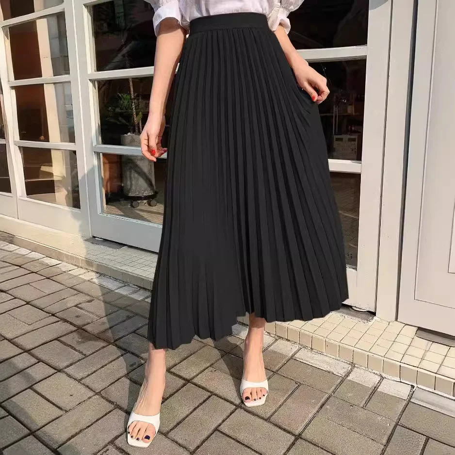 Ueong Temperament Simple Pleated Skirt Summer New High Waist Show Thin A-Line Skirt Long All-Match Show Thin Skirt