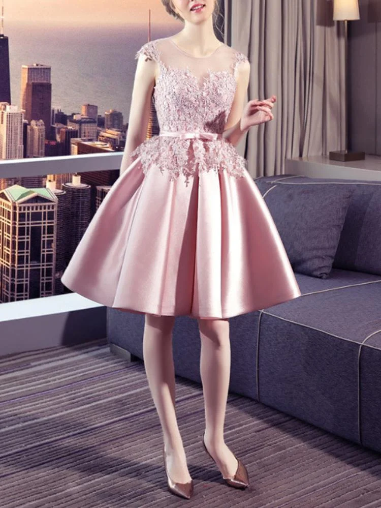 Neosepa-Boat Neck Lace Tie-Up Waist Back Hollow Mini Evening Gown
