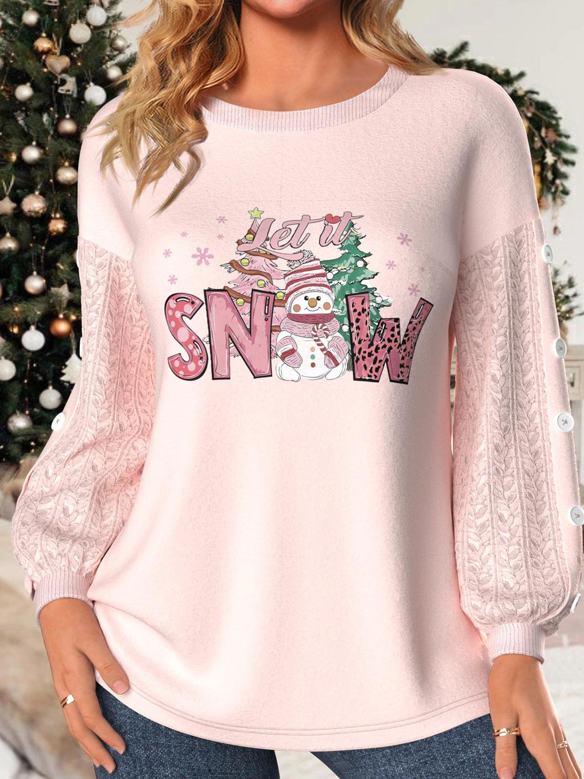 Women's Long Sleeve Scoop Neck Graphic Printed Buttons Top