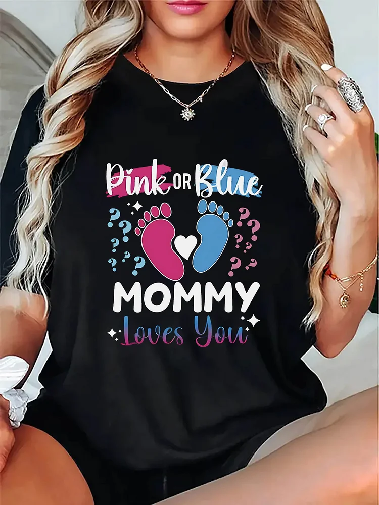 Women's Maternity "Mommy Loves You" Footprint T-Shirt - Pink Or Blue Heart Design, Soft Stretch Round Neck Short Sleeve Top, Machine Washable All-Season Comfort For Pregnancy Announcement & Casual Wear, Maternity Shirts, Pregnancy Announcement Shirt