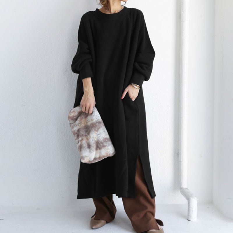 ZANZEA Autumn Winter Sundress Casual Long Sleeve Loose Sweatshirt Dress Split Hem Long Vestidos Solid Baggy Fleece Pullover