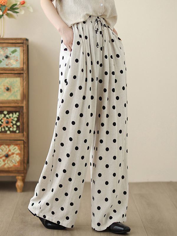 Polka Dot Waist Drawstring Wide Leg Pants