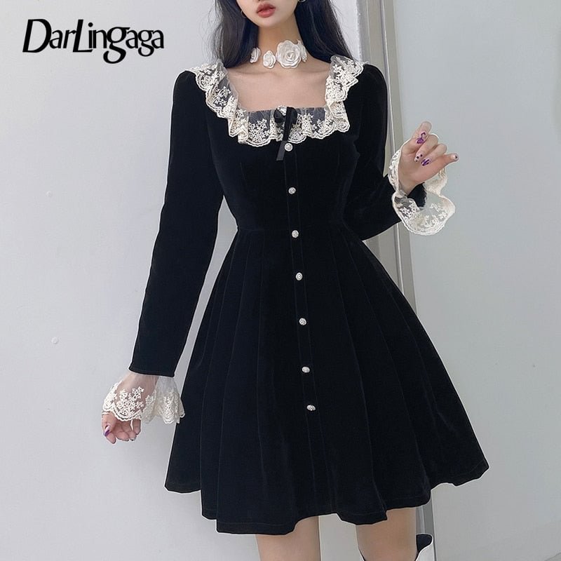 Darlingaga Elegant Vintage Square Neck Black Velour Party Dress Female Lace Patchwork Bow Buttons Autumn Pleated Dresses Korean