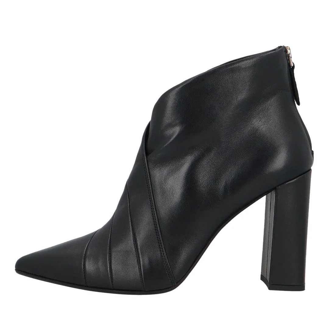 Vegan Leather Pointed Toe Wrinkle Black Heel Booties with Back Zipper