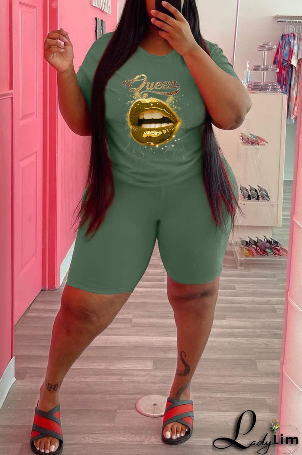 Black Fashion Casual Lips Printed Basic O Neck Plus Size Two Pieces