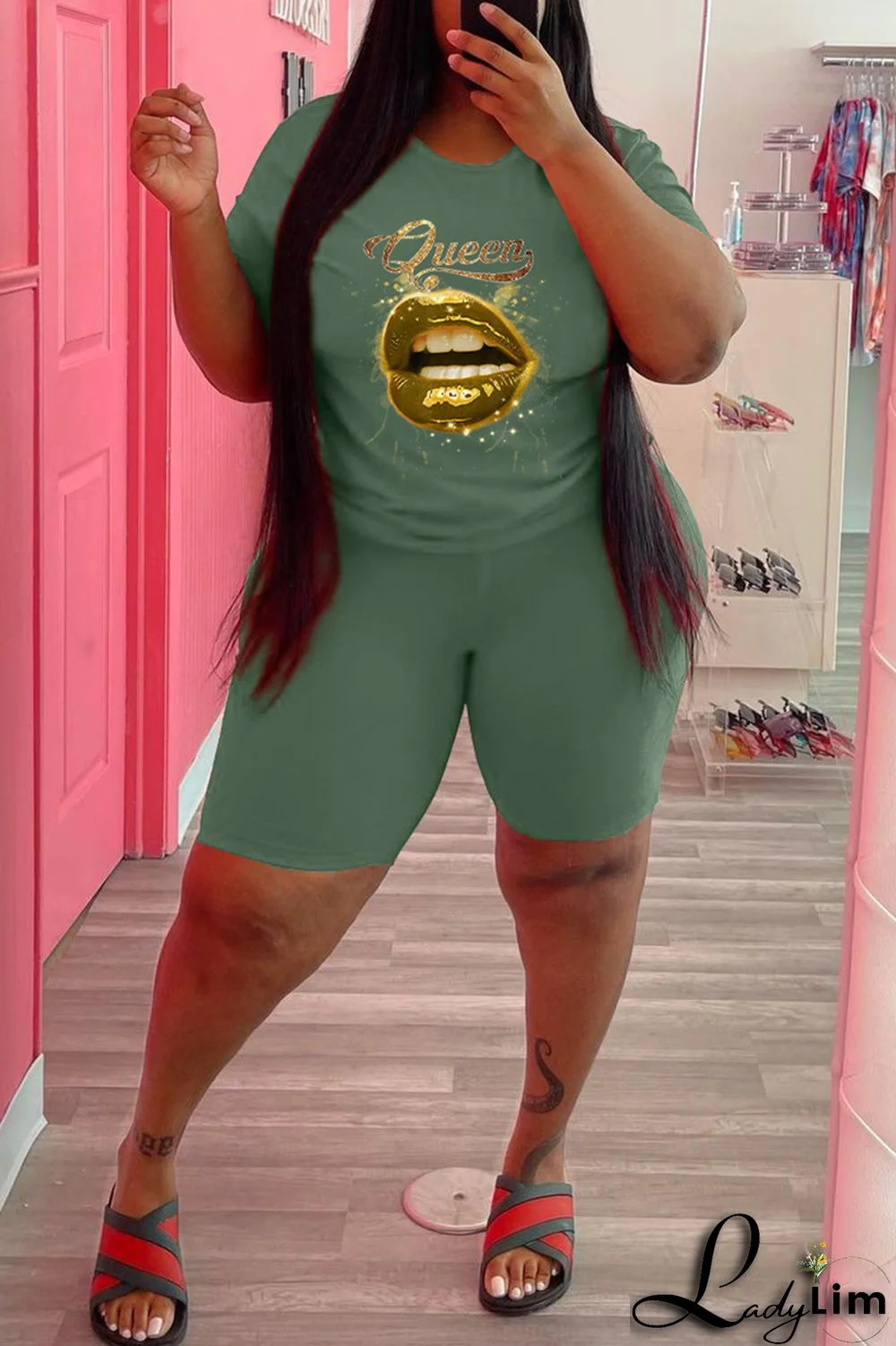 Black Fashion Casual Lips Printed Basic O Neck Plus Size Two Pieces