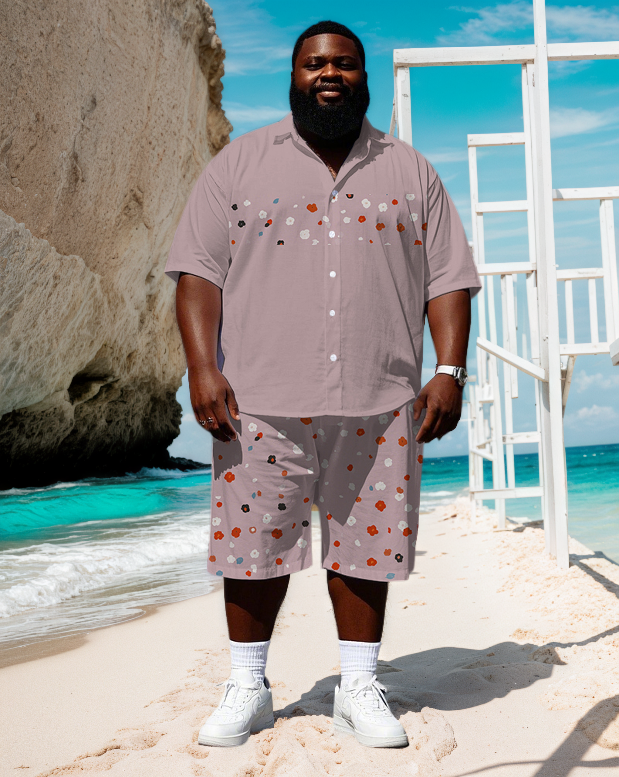 Big and Tall Simple Fashion Men's Splicing Stripe Small Floral Printed Short Sleeve Shirt Shorts Set