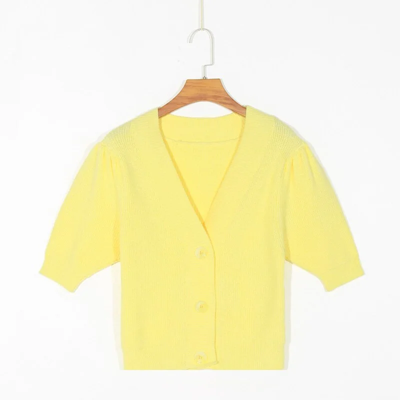 Spring women's sweater casual solid color V-neck short sleeve sweater