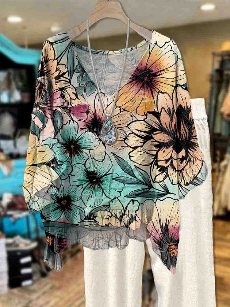 Women's Vintage Floral Print Casual Short Sleeve Comfortable Cotton Shirt